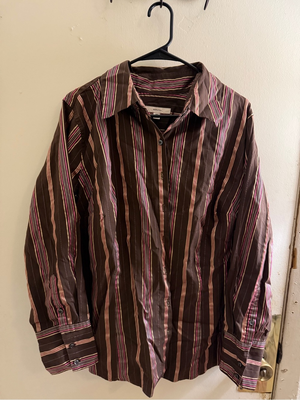 Merona Women's Brown Button-Down Shirt with Pink & Cream Stripes